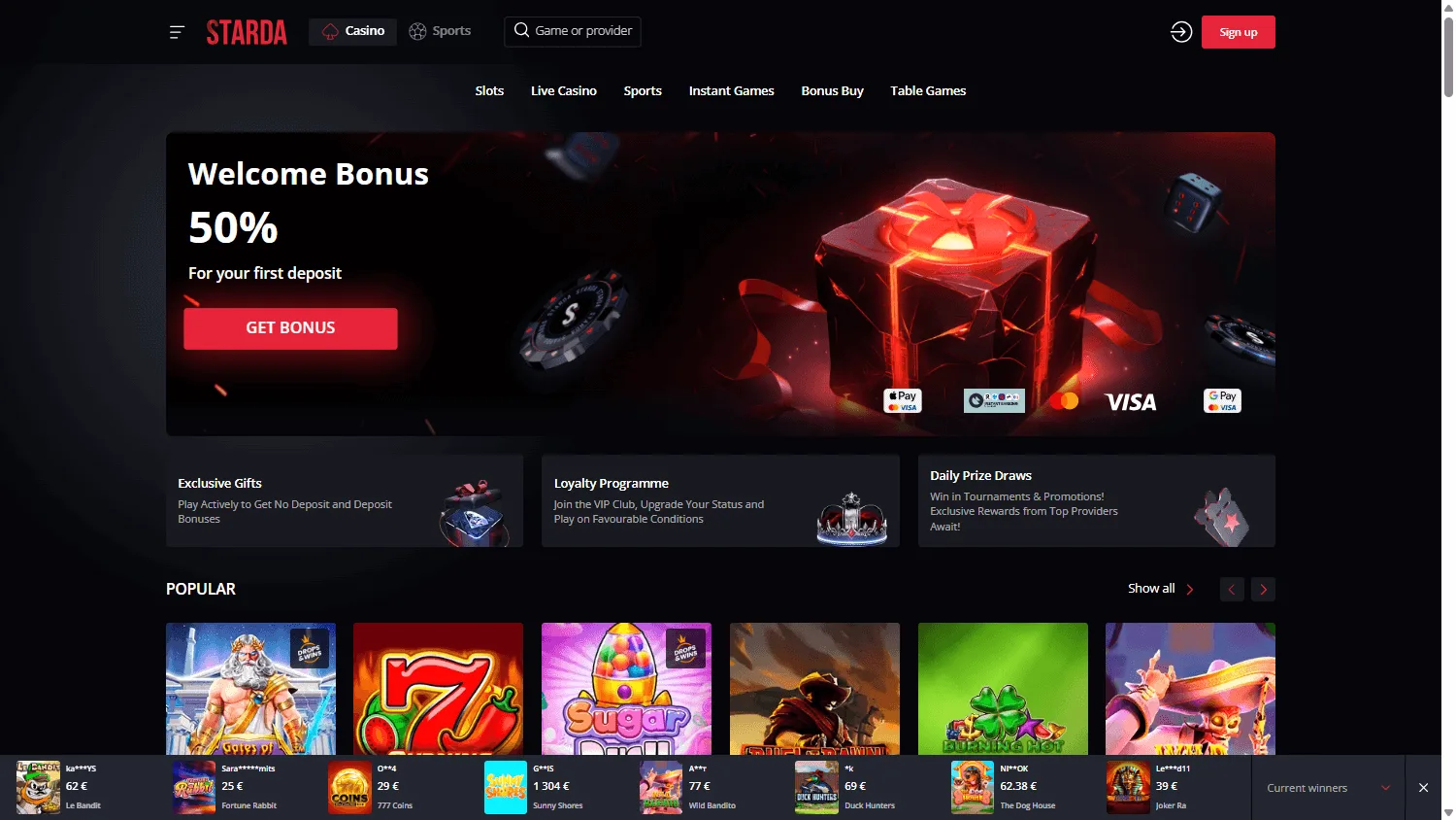 Starda Casino home interface on desktop