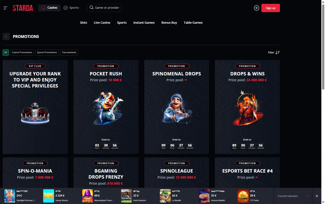 Starda Casino promotions interface on desktop