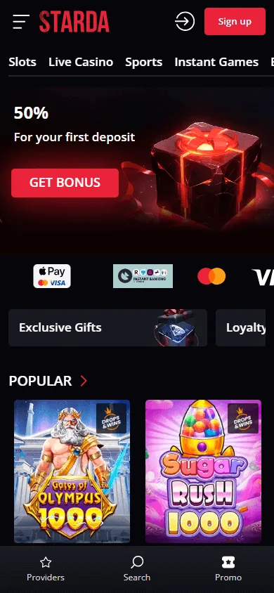 Starda Casino home interface on a mobile device