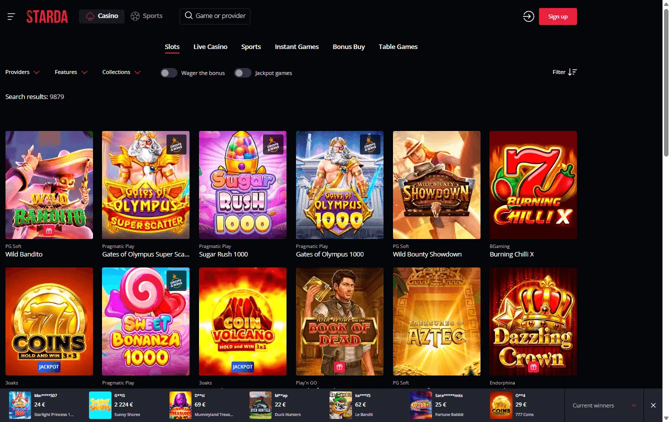 Starda Casino games interface on desktop