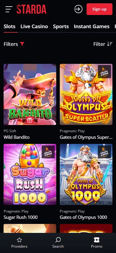 Starda Casino games interface on a mobile device